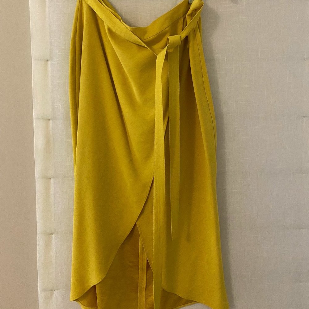 River Island Yellow Silk Faux Wrap Skirt with Slit